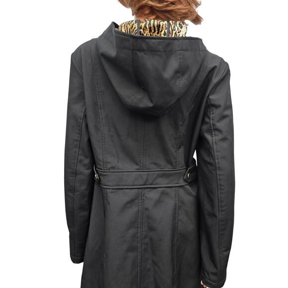 NWOT Via Spiga Hooded Trench Coat Raincoat Black Animal Print Faux Fur Lining M - Picture 5 of 16